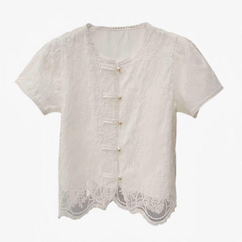 펀칭 블라우스 캐주얼 퍼프소매 데일리룩 베이직  베이지화이트 S 추천 42.5-50.0kg - 상품 이미지