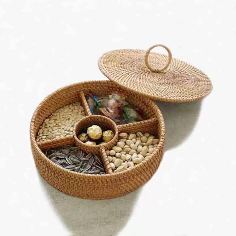 뚜껑있는 바구니 수납함 바구니 대나무 라탄 원형 원형 무칸 견과류박스 26x9cm - 상세 이미지 3
