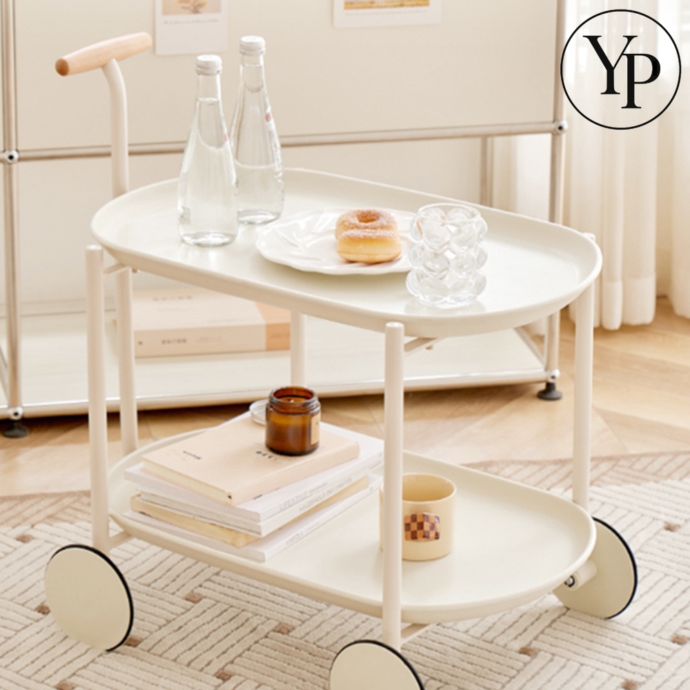 이동식 2단 티 테이블 바퀴형 우드 핸들 사이드 보조 책상 트롤리 협탁