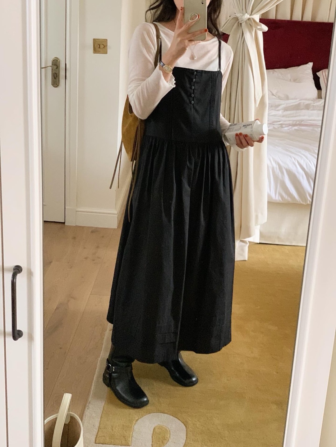 코튼 끈나시 허리 셔링 핀턱 데일리 롱 원피스 - 상품 이미지