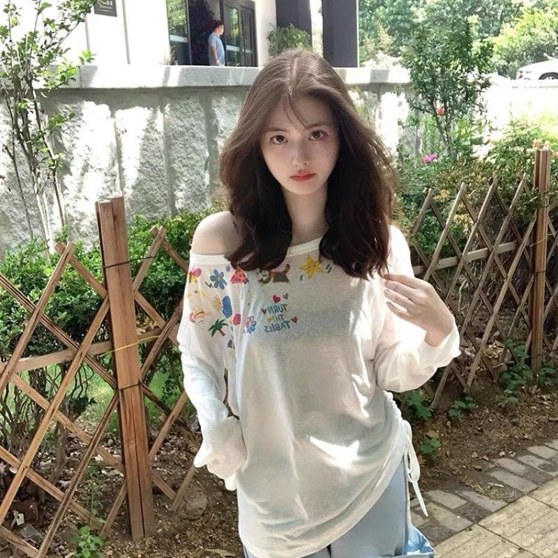 여성 대나무 코튼 긴팔 블라우스 여름 자외선 차단 오프숄더 스타일 루즈핏 통기성 좋은 시원한 착용감 데일리 캐주얼룩 - 상품 이미지