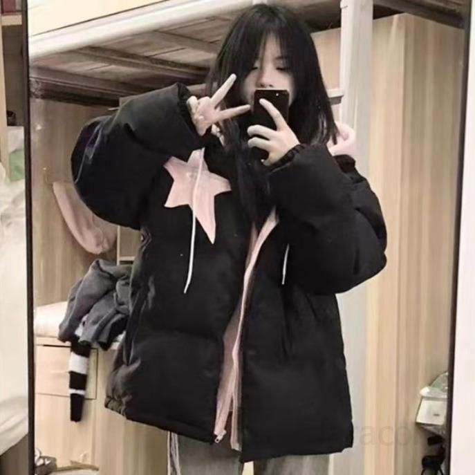 여성용 루즈핏 경량 코튼 후드 패딩 자켓 가벼운 착용감 데일리 아우터 대학 스타일 투피스 디자인 봄 가을용 캐주얼 재킷