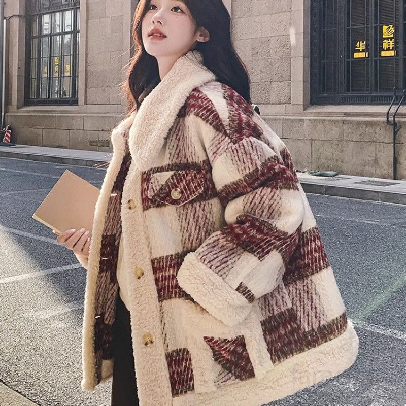 여성 램스울 롱코트 가을용 체크패턴 클래식한 영국풍 디자인 따뜻한 착용감 데일리 아우터 고급스러운 스타일 - 상세 이미지 5