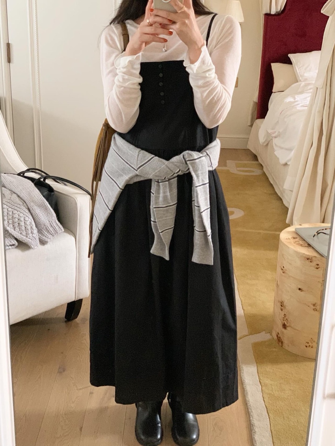 코튼 끈나시 허리 셔링 핀턱 데일리 롱 원피스 - 상세 이미지 4