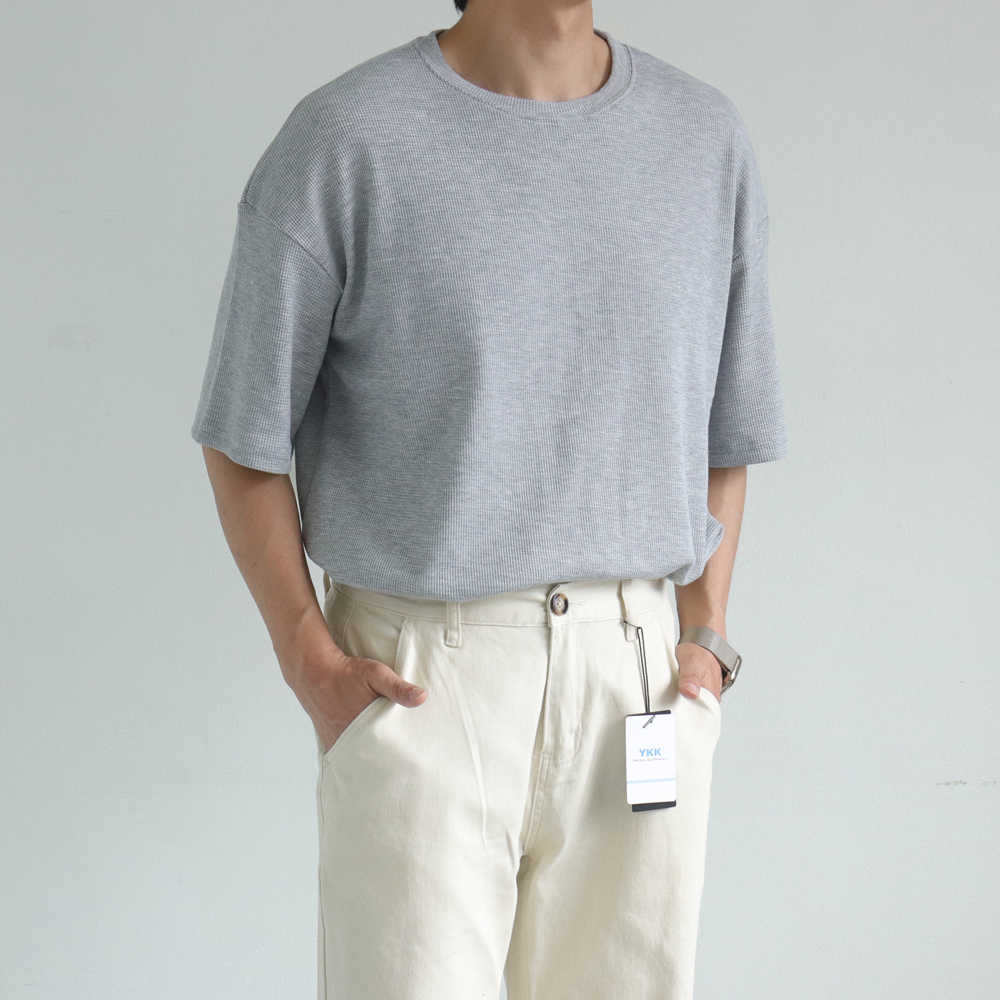 남자 반팔티 구김없는 오버핏 오버핏 와플 반팔 여름 티셔츠 - 상세 이미지 4