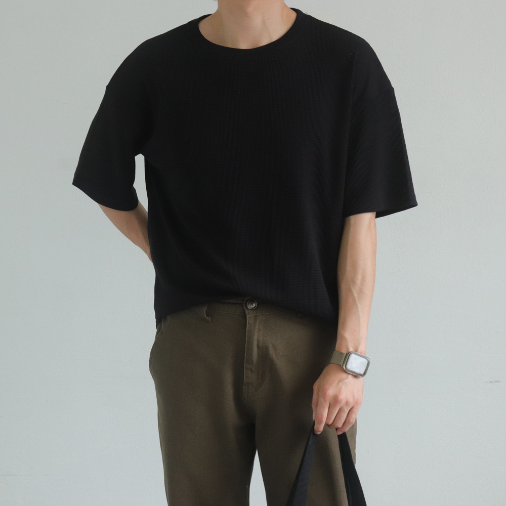 남자 반팔티 구김없는 오버핏 오버핏 와플 반팔 여름 티셔츠 - 상세 이미지 3