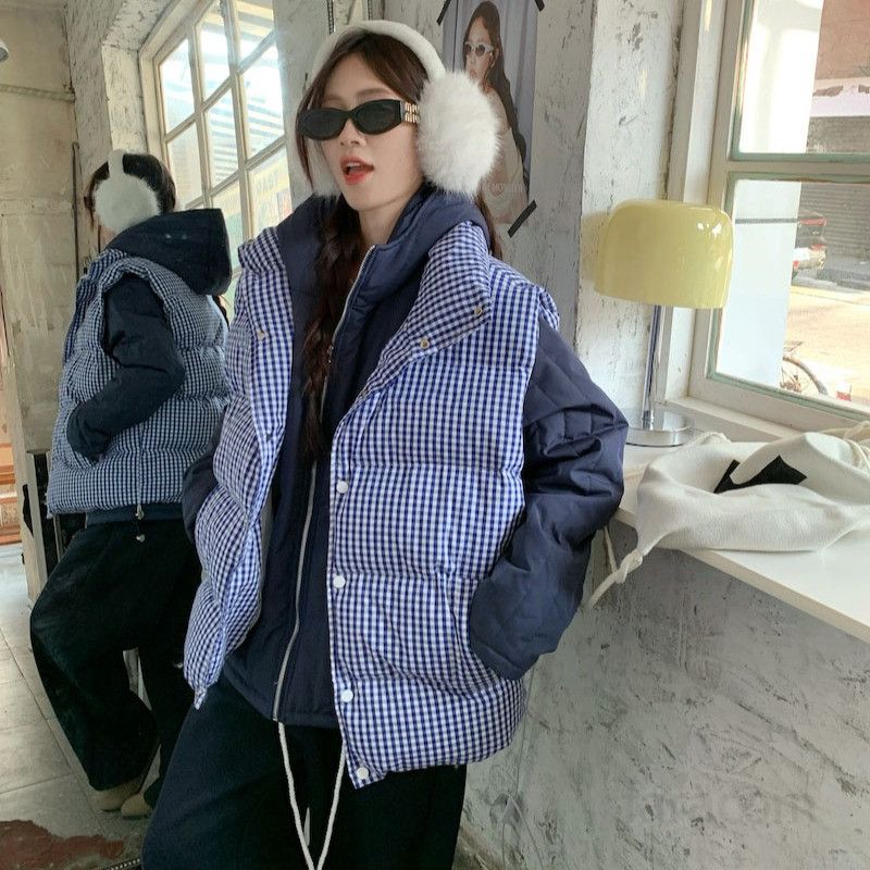 여성 겨울 패딩 조끼 두꺼운 블루 플레드 자켓 따뜻한 아웃도어 스타일 캐주얼한 착용감 활용도 높은 외출용 보온성 좋은 - 상세 이미지 2
