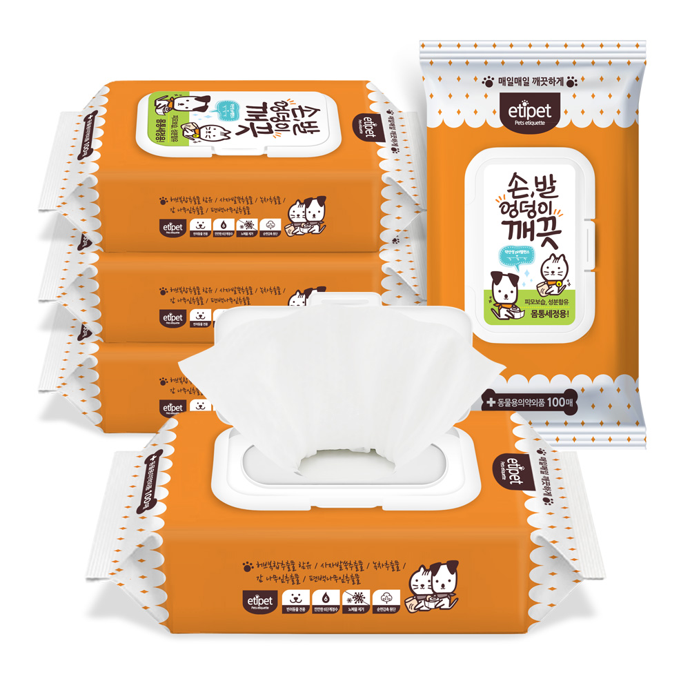 [1박스] 에티펫 강아지물티슈 손발엉덩이 깨끗 도톰한 티슈 100매, 10팩 이미지 2