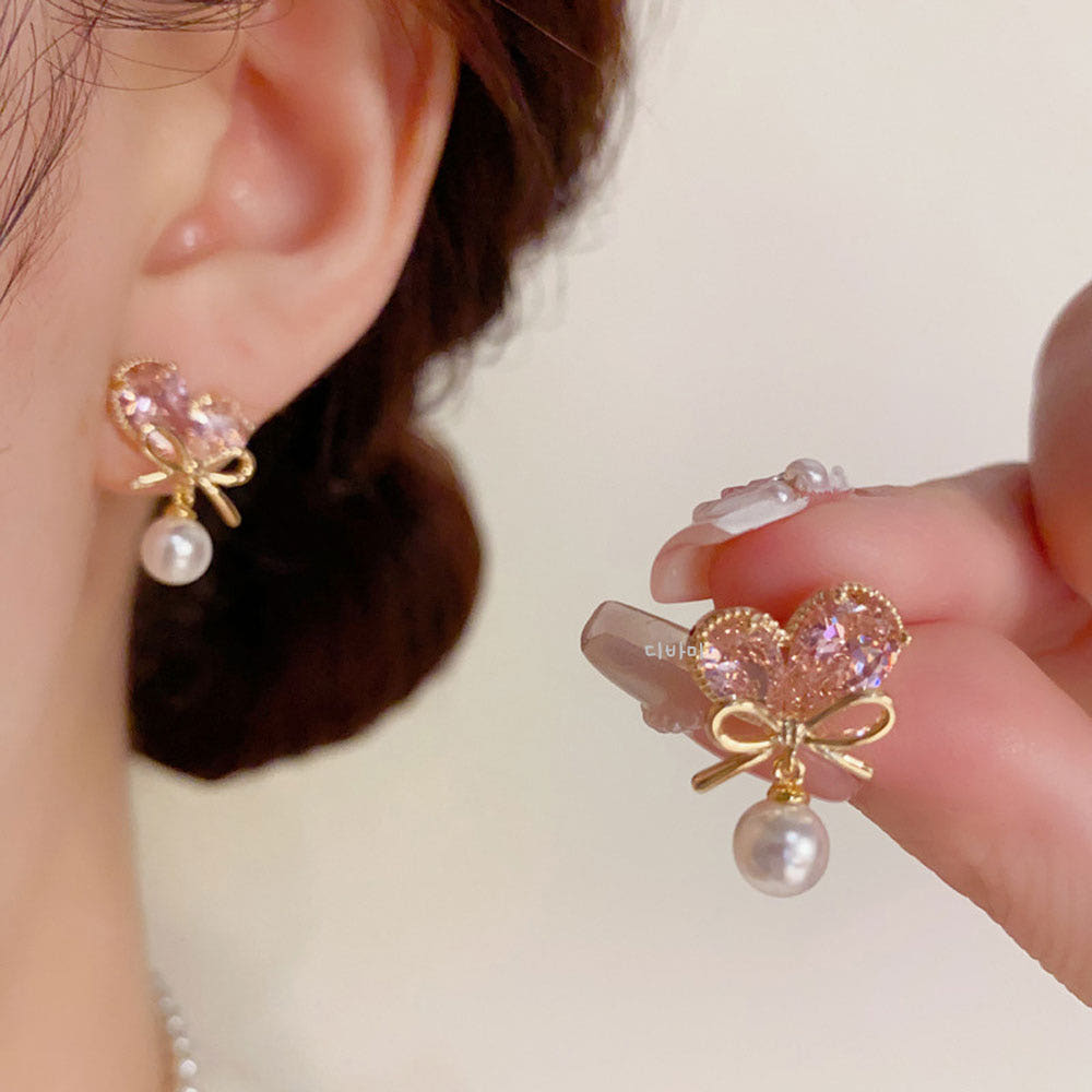핑크 크리스탈 하트 리본 14K 드롭 진주 귀걸이 유니크 이어링 - 상세 이미지 2