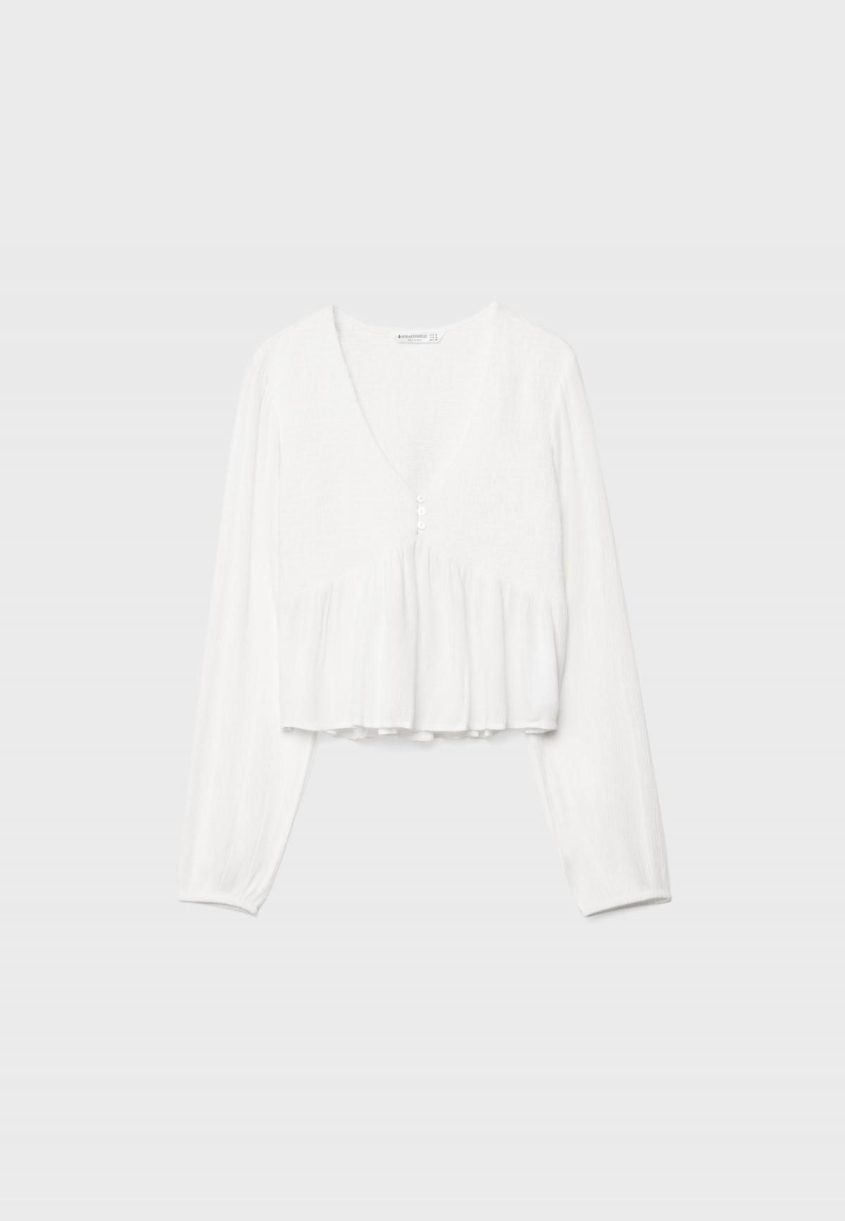 스트라디바리우스 루즈핏 브이넥 스모크 밑단 블라우스 6067/747 WHITE - 메인 이미지