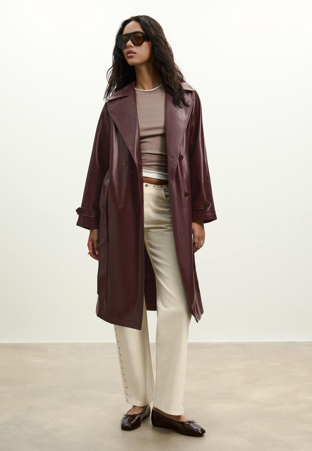 스트라디바리우스 페이크레더 롱 더블 트렌치코트 5802/173 BURGUNDY - 상세 이미지 4