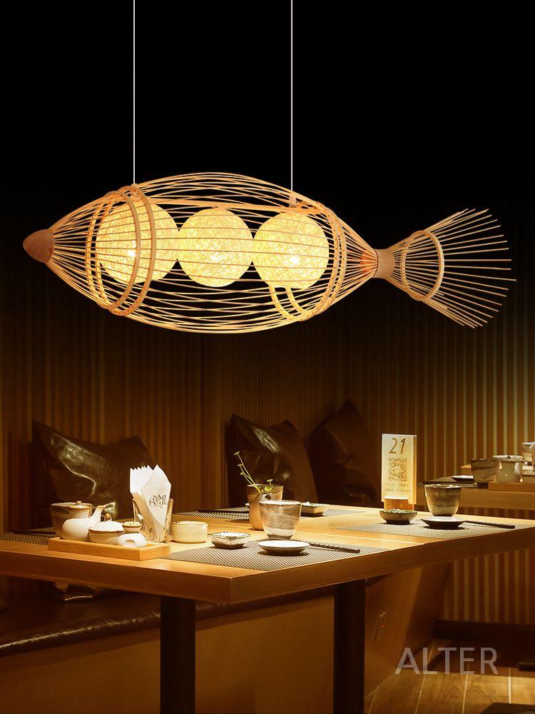 라탄 물고기등 이자카야 갓 대나무 무드등 라이트 램프 천장등 100x30cm 3구 포함 - 상세 이미지 3