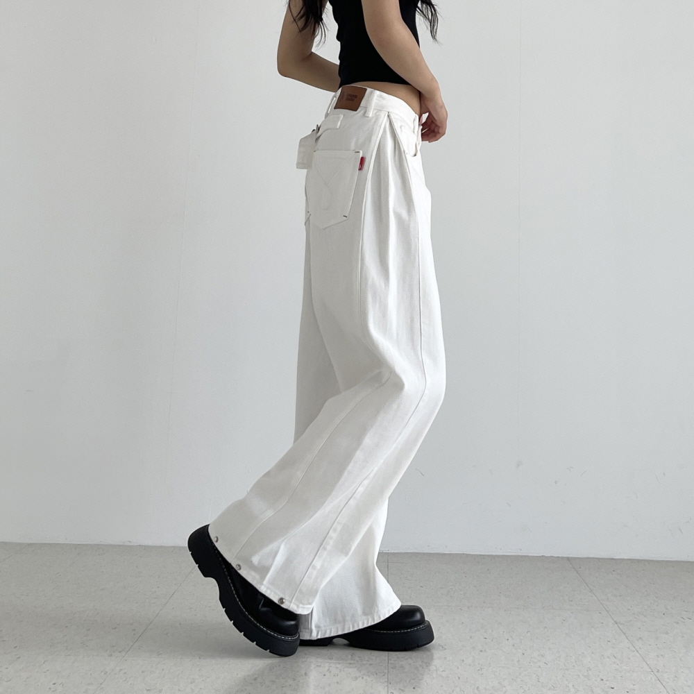 여성와이드팬츠 사이드핀턱 밑단스냅단추 봄 가을 면바지 블랙 화이트 투웨이 비죠 와이드팬츠 - 상세 이미지 3