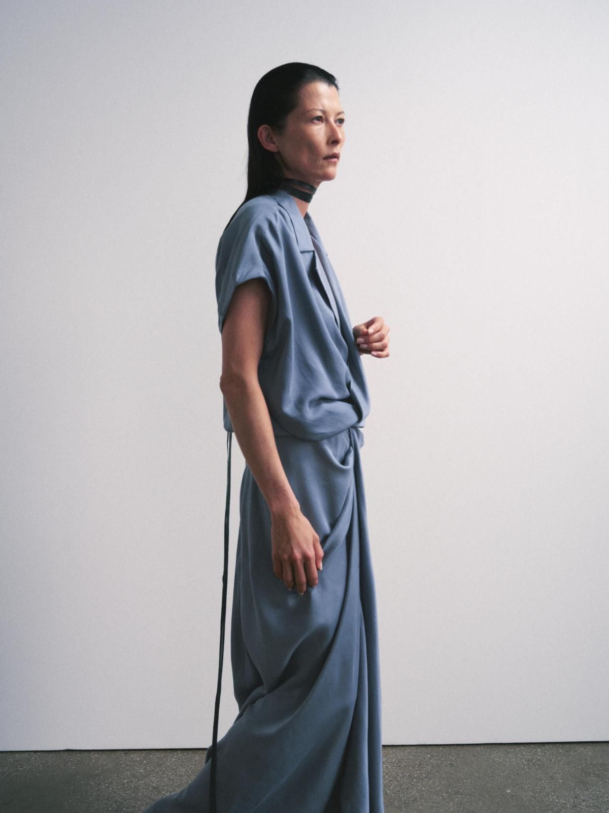 자라 새틴 랩 미디 원피스 브이넥 테크니컬 셔링 8432/486 BLUE / GREY - 상세 이미지 3