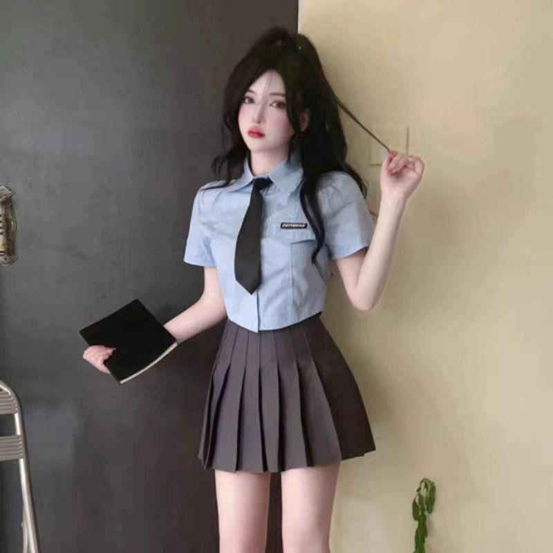 여성 넥타이 반팔 루즈핏 면접 블라우스 쿨링 단품 블루 셔츠 S - 상품 이미지