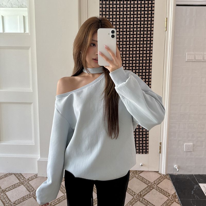 여성 오프숄더 스웨트셔츠 여름 캐주얼 탑 심플한 디자인 스카이블루 컬러 데일리 착용감 편안한 외출용 스타일링 - 상세 이미지 2