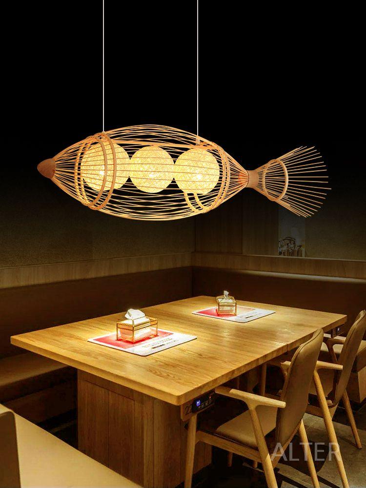 라탄 물고기등 이자카야 갓 대나무 무드등 라이트 램프 천장등 100x30cm 3구 포함 - 상세 이미지 5