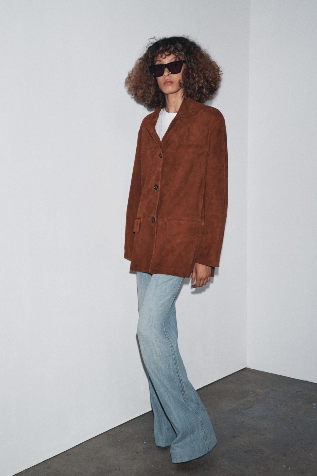 자라 프리미엄 오버사이즈 스웨이드 레더 블레이저 1966/244 BROWN - 상세 이미지 2