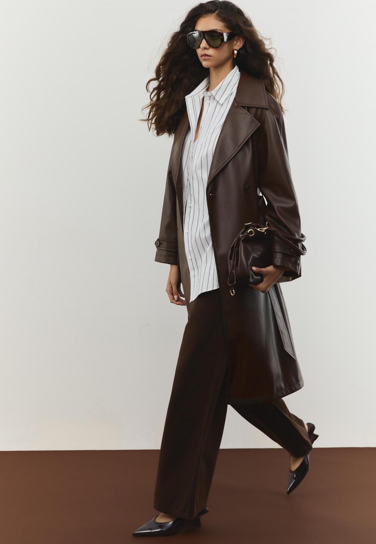스트라디바리우스 페이크레더 더블 롱 벨트 트렌치코트 5802/638 BROWN - 상세 이미지 5