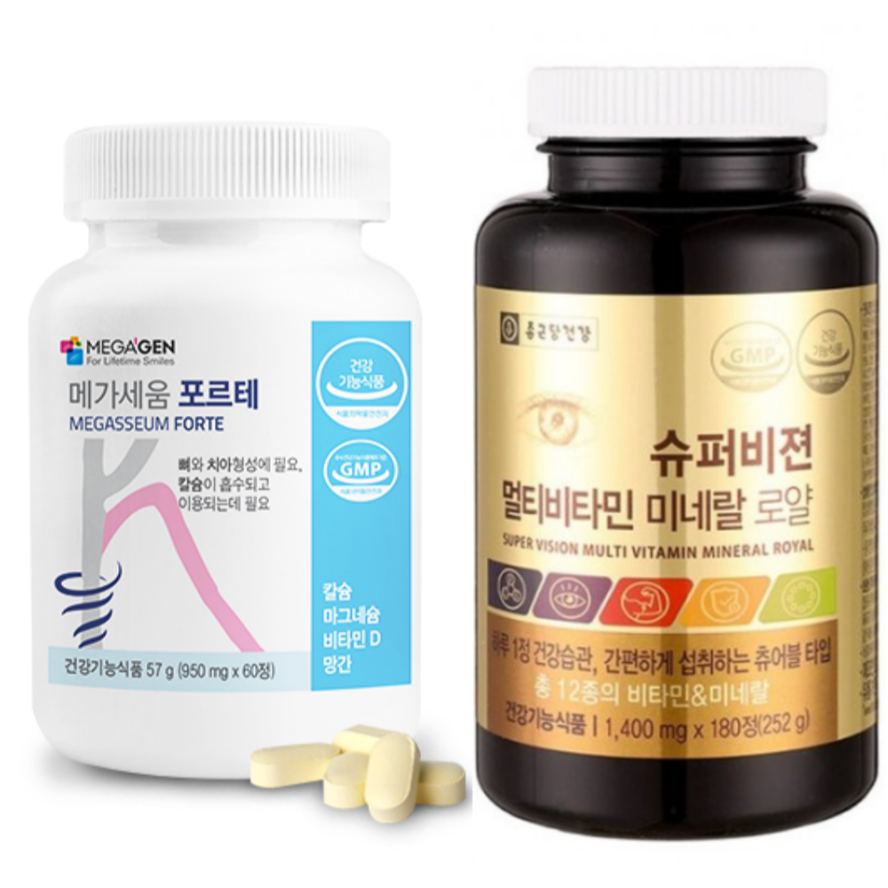 종근당건강 씹어먹는 종합 멀티비타민 미네랄+메가젠 메가세움 포르테 칼슘 마그네슘 비타민D - 상품 이미지