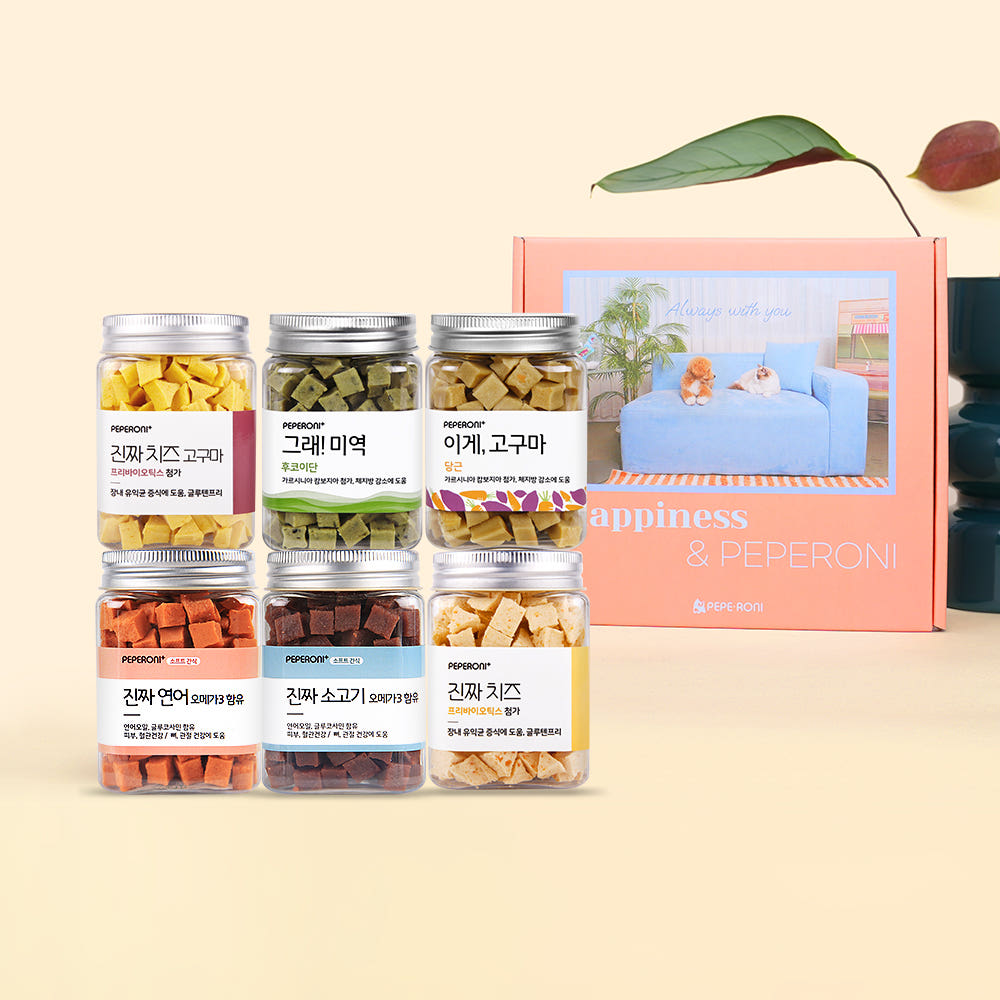 [페페로니ROOM] 강아지간식 6개 세트(소고기+연어+치즈+치즈고구마+미역+고구마) - 상품 이미지