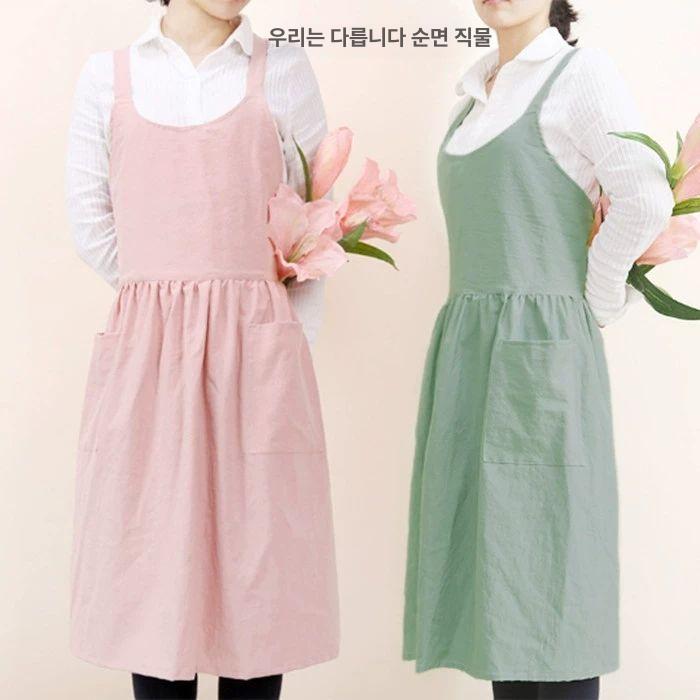예쁜 빅사이즈 앞치마 캔버스 미용 주름 네일샵 원피스형 블루 순면직물 - 상세 이미지 2