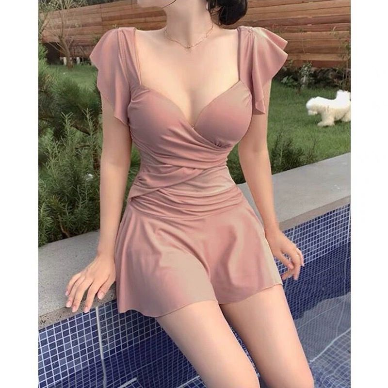 모노키니 원피스수영복 온천 반팔 휴가 치마형 여성 핑크 스틸서포트패드포함 방수백 증정 S 체중 37.5-42.5kg - 상품 이미지