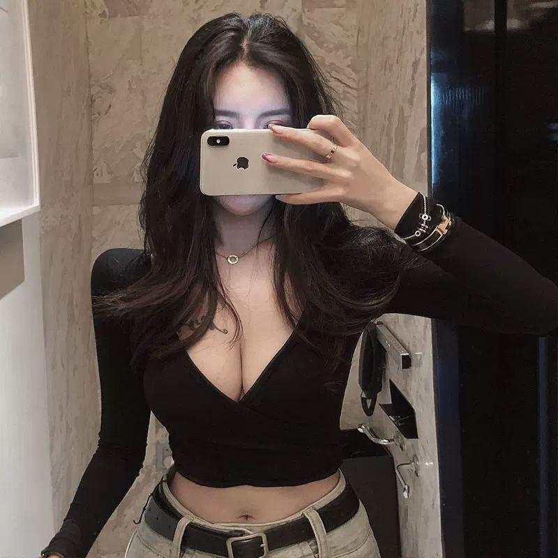 여름 브이넥 캐주얼 반팔 긴팔 파티룩 클럽 블랙 S - 상품 이미지