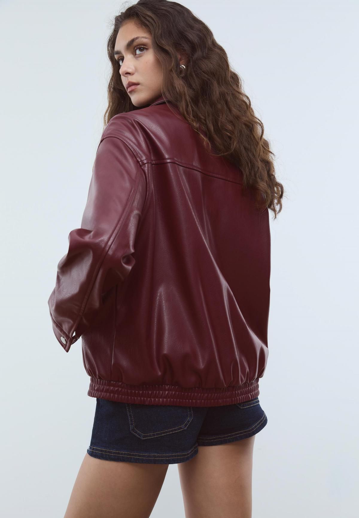 스트라디바리우스 버건디 오버핏 페이크레더 집업 재킷 5631/587 BURGUNDY - 상세 이미지 5