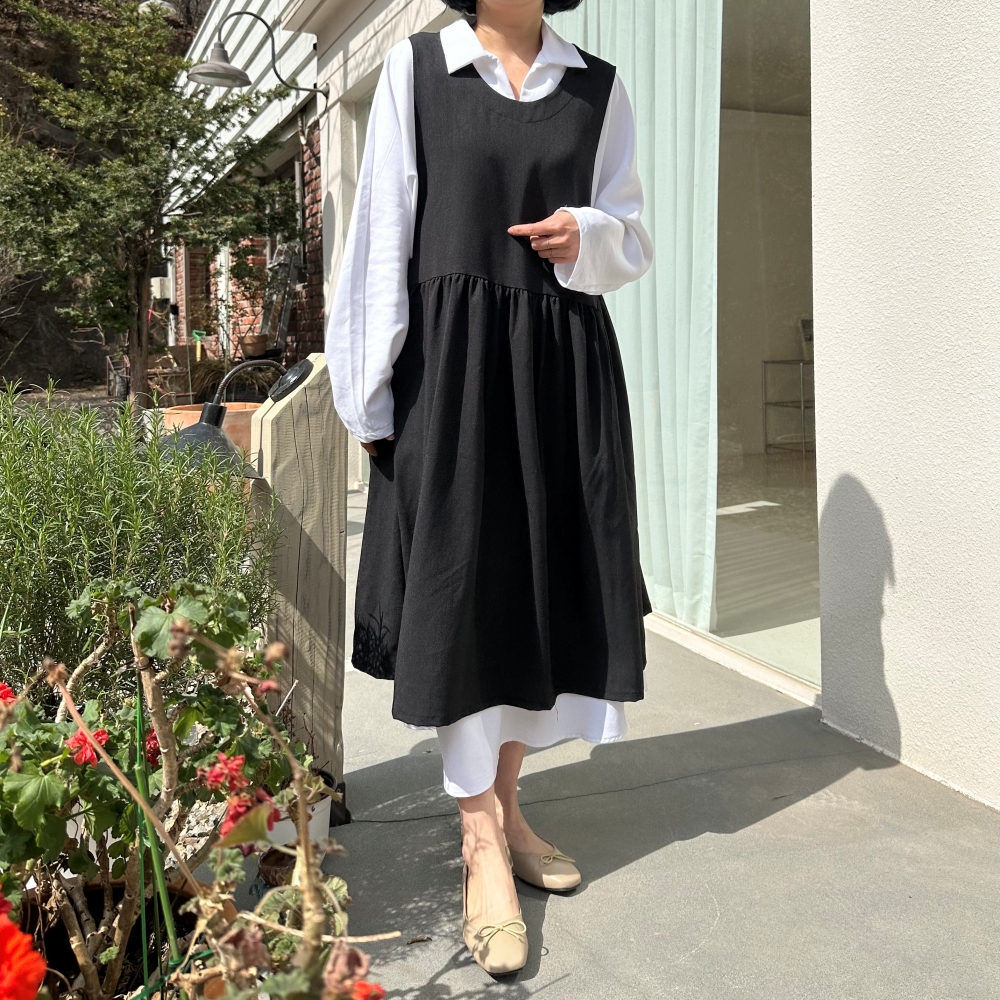 빅사이즈 자체제작 A라인 에이프런 셔링 원피스 뷔스티에 베스트 레이어드 린넨 쉬폰 체크 - 상세 이미지 4
