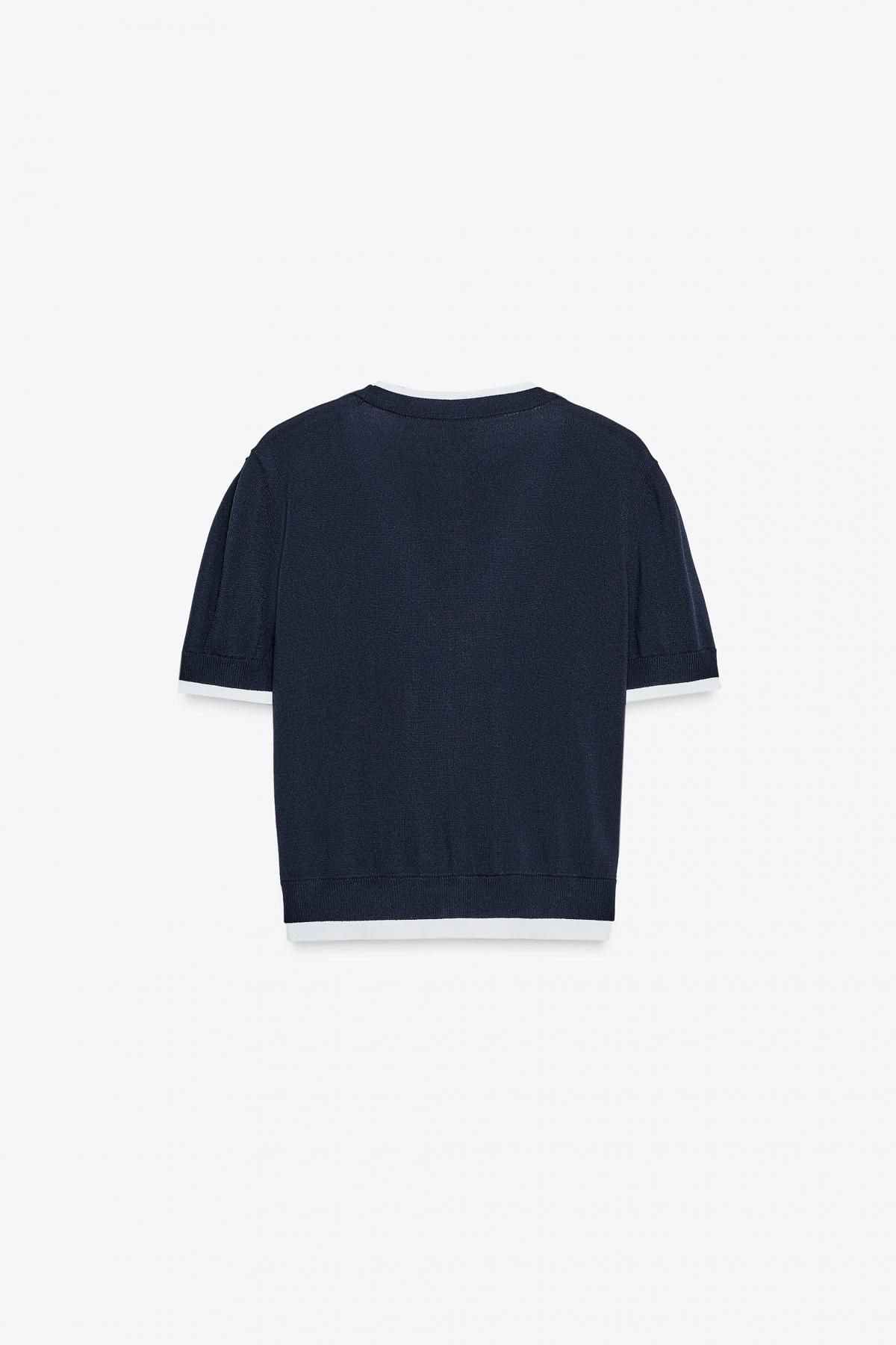 자라 브이넥 더블레이어 트림 반팔 가디건 3581/012 NAVY BLUE - 상세 이미지 5