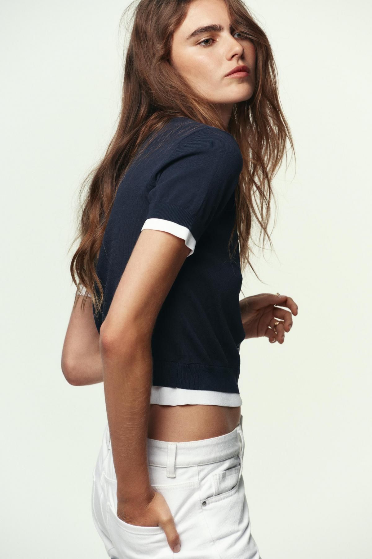 자라 브이넥 더블레이어 트림 반팔 가디건 3581/012 NAVY BLUE - 상세 이미지 3