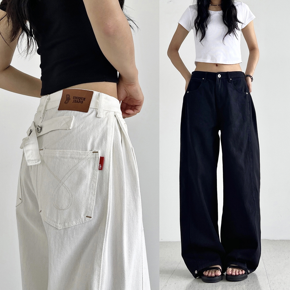 여성와이드팬츠 사이드핀턱 밑단스냅단추 봄 가을 면바지 블랙 화이트 투웨이 비죠 와이드팬츠
