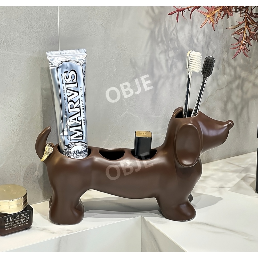 오브제 닥스훈트 칫솔꽂이 세라믹 칫솔통 전동칫솔 치약 정리 욕실 수납 23cm - 상세 이미지 2