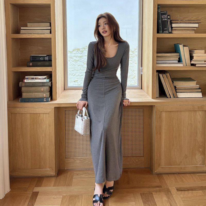 벨벳 느낌 여성 긴팔 롱 원피스 가을 고급스러운 데일리 착용감 편안한 기질 돋보이는 스타일 웨딩 파티 드레스용