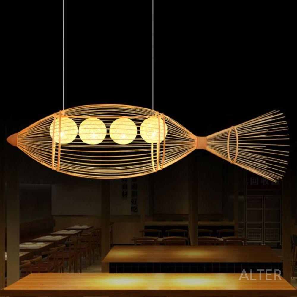라탄 물고기등 이자카야 갓 대나무 무드등 라이트 램프 천장등 100x30cm 3구 포함 - 상품 이미지