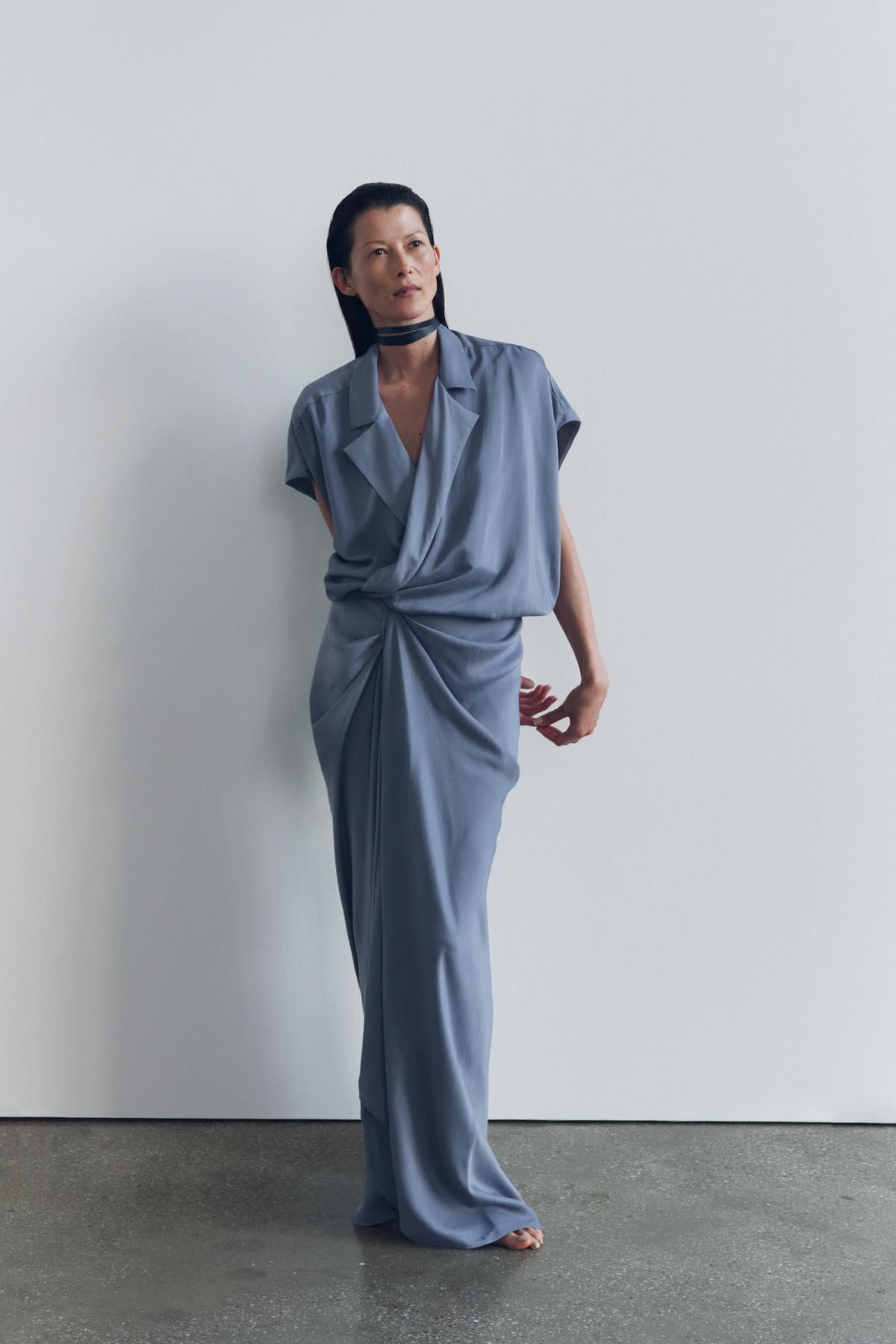 자라 새틴 랩 미디 원피스 브이넥 테크니컬 셔링 8432/486 BLUE / GREY - 상세 이미지 2
