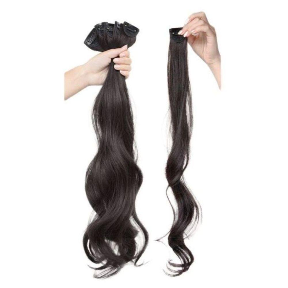 인모 헤어피스 여자 부분 가발 웨이브 똑딱이 긴머리 50cm 5개입 검은 브라운 - 상세 이미지 2