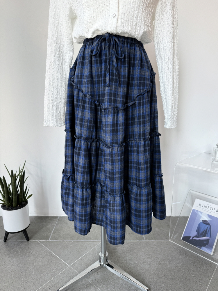 밴딩 프릴 체크 히피 빈티지 보헤미안 롱 스커트