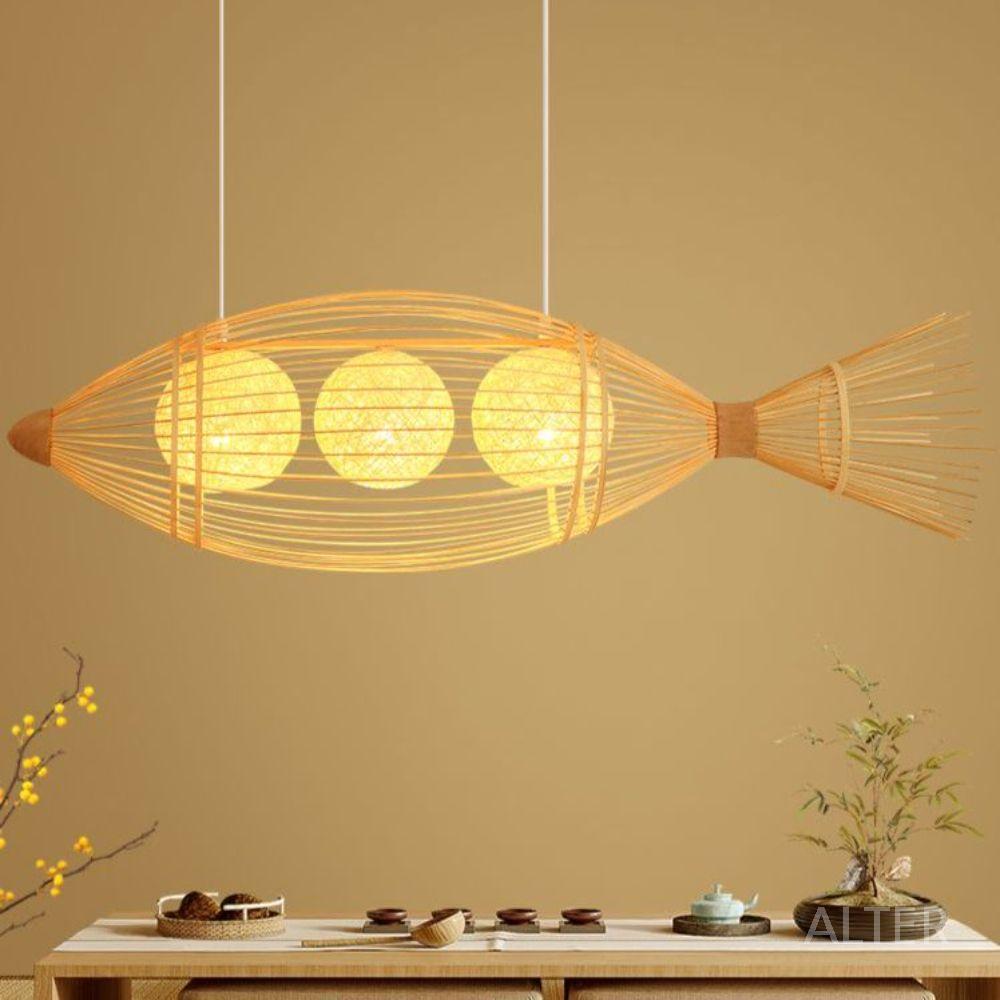 라탄 물고기등 이자카야 갓 대나무 무드등 라이트 램프 천장등 100x30cm 3구 포함 - 상세 이미지 2