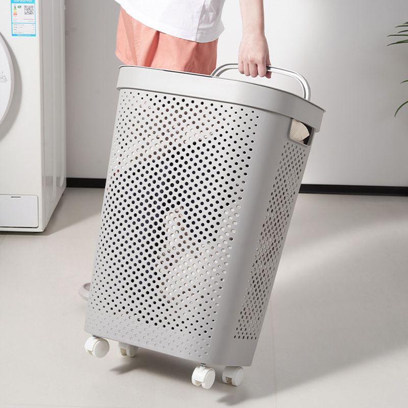 뚜껑 있는 바퀴달린 빨래 통 이동식 바퀴형 대용량 메쉬 세탁 바구니 화이트, 60L 상품 이미지