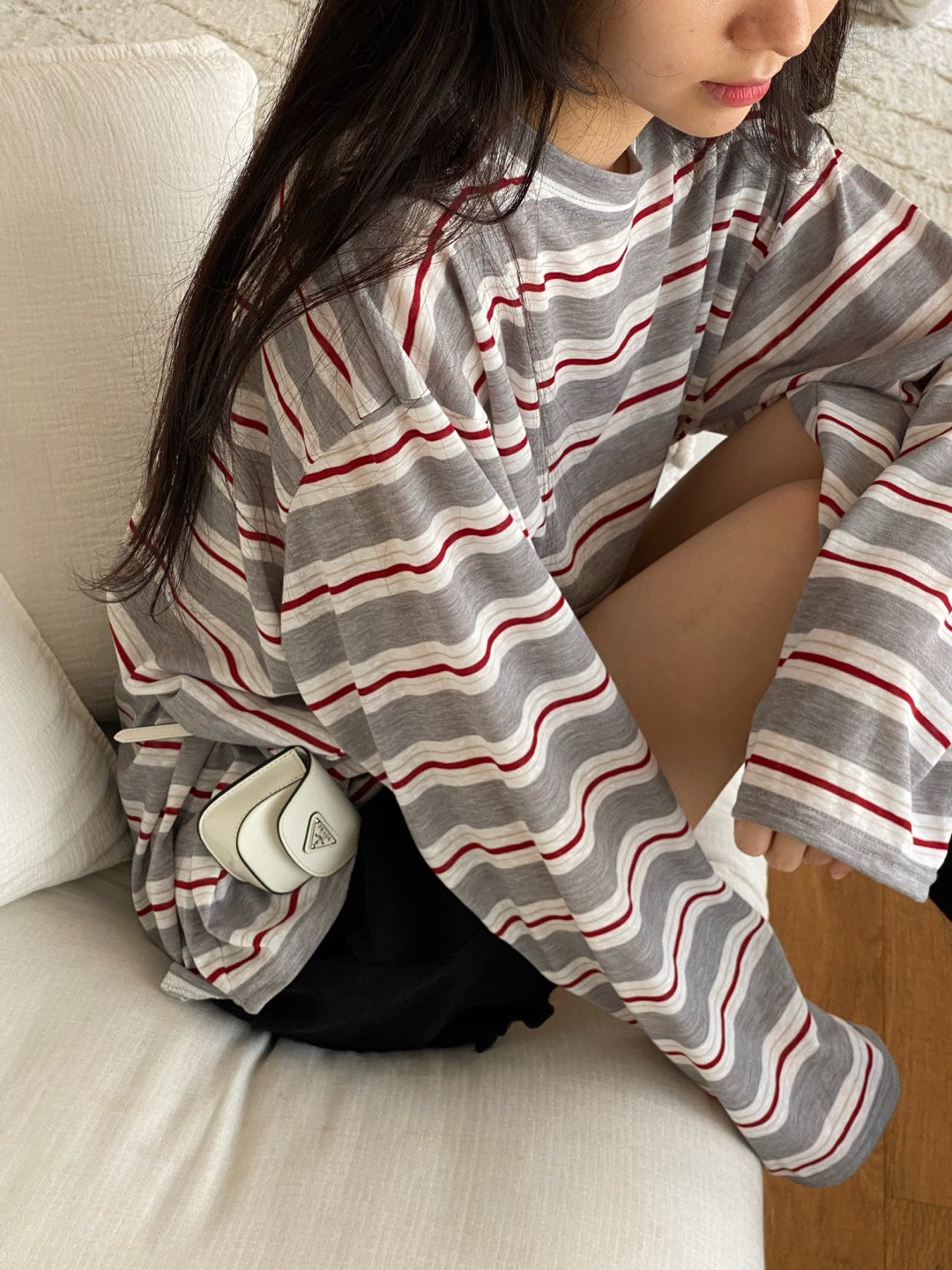 슬라브 스트라이프 오버핏 롱 티셔츠 간절기 박스핏 긴팔 티 - 상세 이미지 4