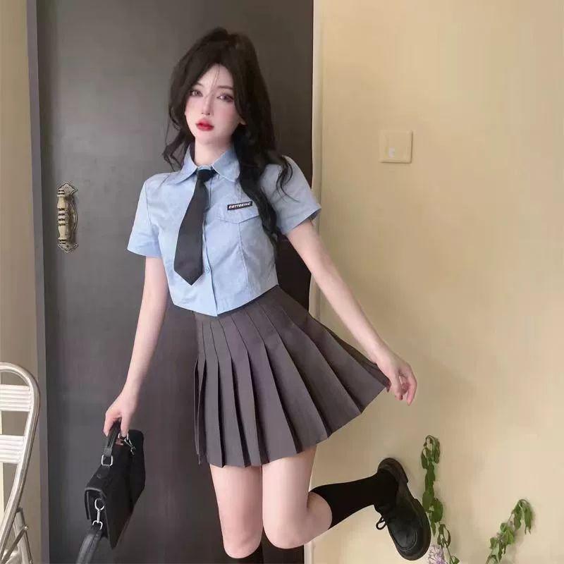 여성 넥타이 반팔 루즈핏 면접 블라우스 학생룩 단품 블루 셔츠 S - 상세 이미지 2