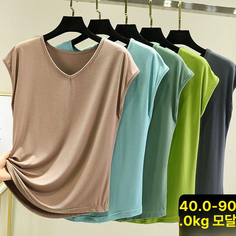 민소매티 빅사이즈 나시 여성 여행 브이넥 콩그린 M 추천40.0-50.0kg - 상세 이미지 3