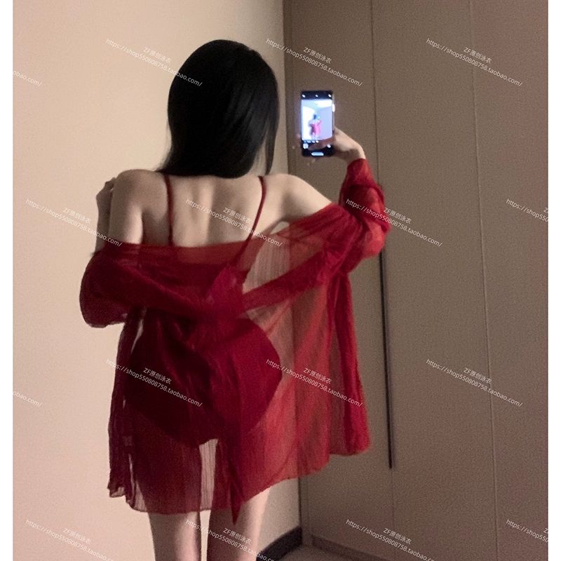 레드 모노키니 원피스 체형커버 수영장 이벤트 의상 와인레드 원피스 수영복+커버 포함 M 80-100 - 상세 이미지 2