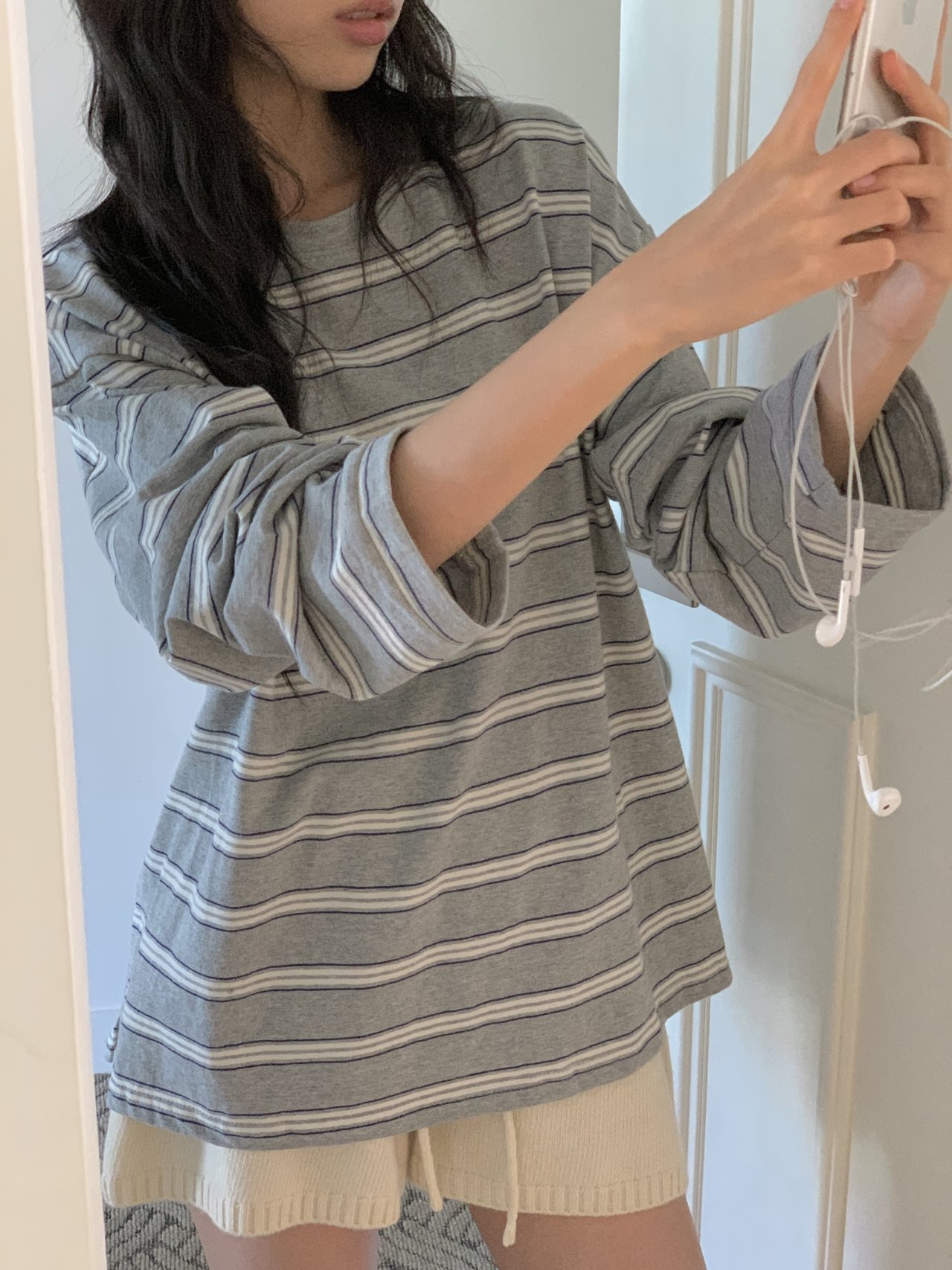 메란지/아이당일 여성 피크 럭비티 단가라 스트라이프 긴팔 티셔츠 루즈핏 데일리티 이미지 7