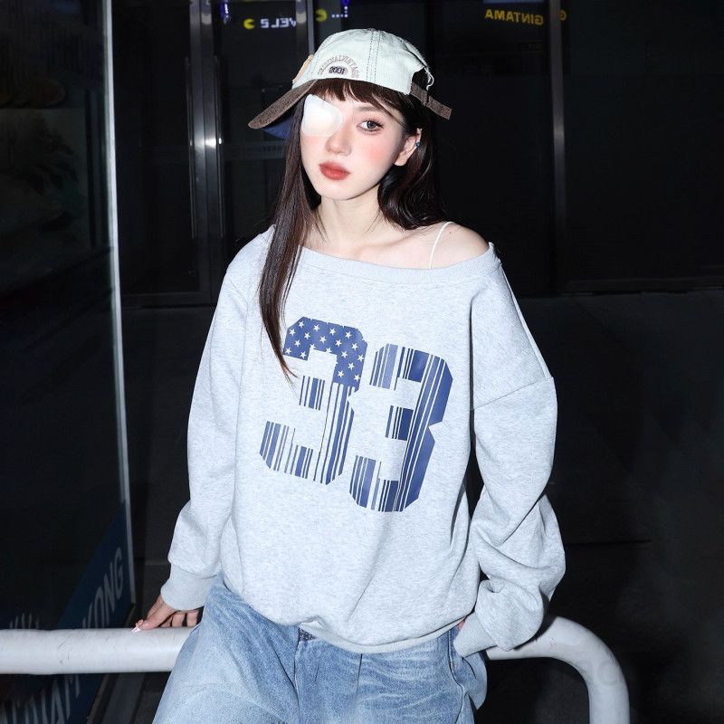 여성 긴팔 스웨터 가을 데일리 코튼 편안한 라운드티셔츠 스타일 비스듬한 어깨 디자인 느슨한 핏 캐주얼한 얇은 상의 모던한 세련된 외출용 - 상세 이미지 3