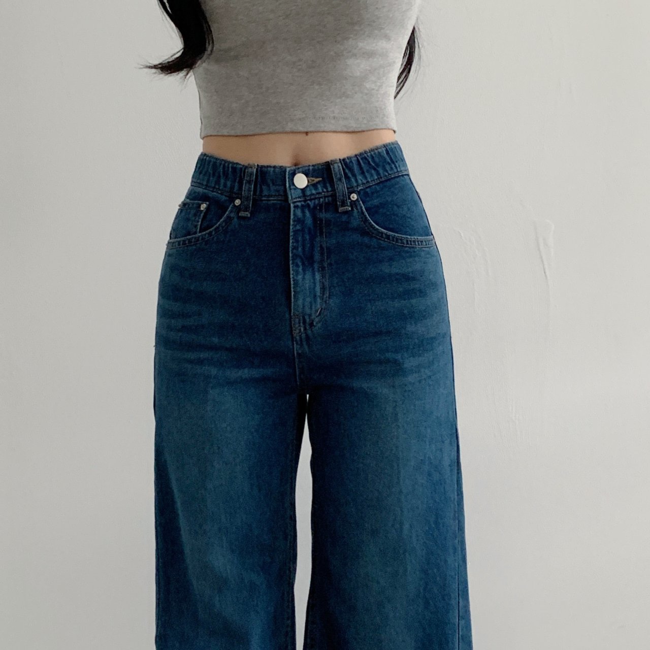 세미와이드 진청 허리밴딩 하이웨스트 플레어핏 데님 청바지 - 상세 이미지 2