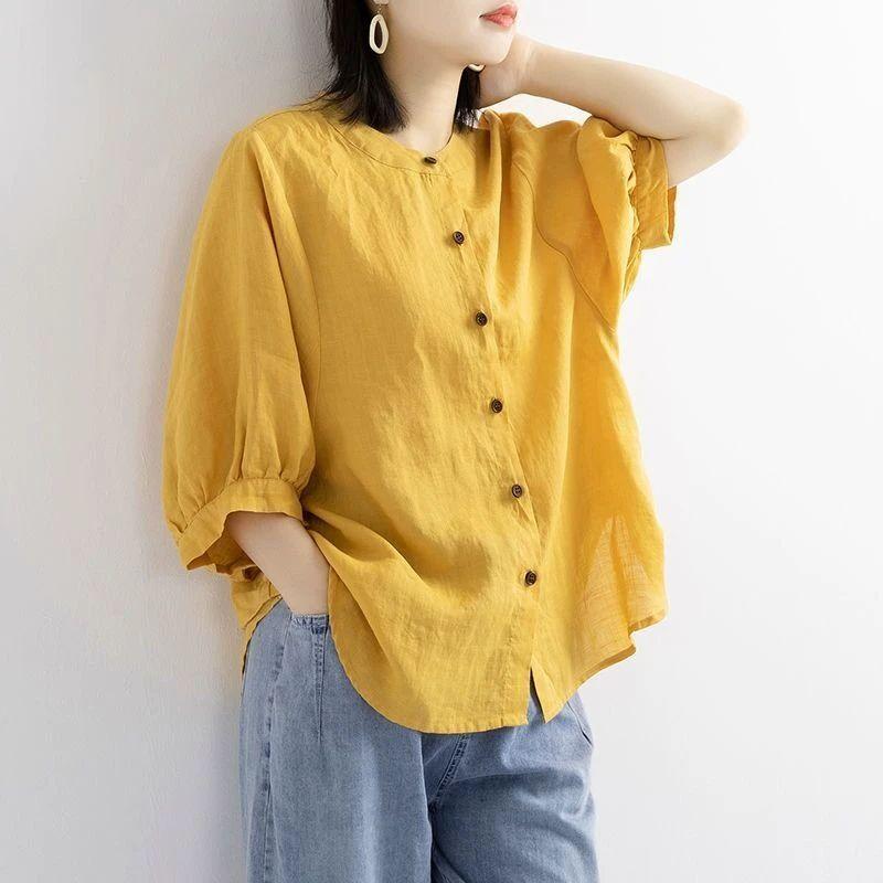 블라우스 남방 시원한 자켓형 루즈핏 중년 레드 100 면마혼방 원단 다소 깊음 M 90-105 - 상세 이미지 2