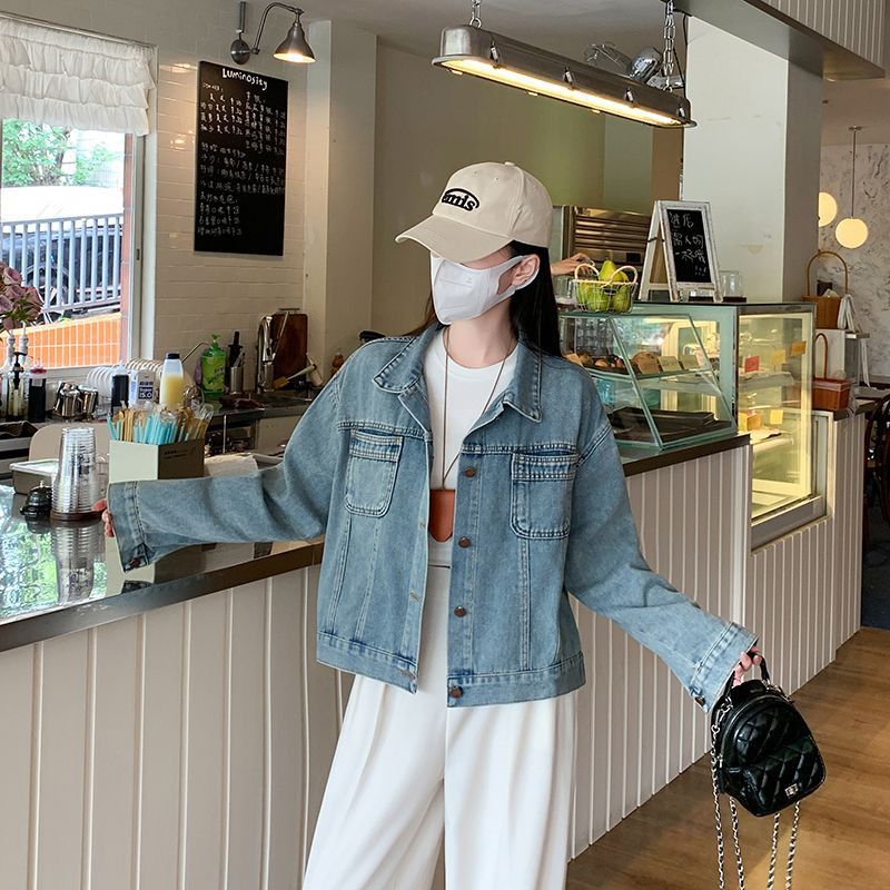 여성 레트로 숏 데님 청자켓 루즈핏 여름 데일리 긴팔 재킷 캐주얼 스타일 외출용 시원한 착용감 모던한 디자인 트렌디한 패션 - 상세 이미지 5